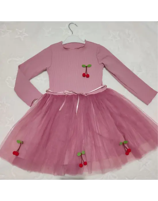 Omarı Çocuk Tütü Elbise - Kiraz Desenli ve Uzun Kollu Gül Kurusu