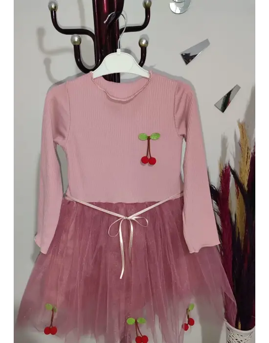 Omarı Çocuk Tütü Elbise - Kiraz Desenli ve Uzun Kollu Gül Kurusu