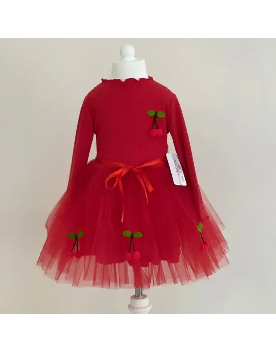 Omarı Çocuk Tütü Elbise - Kırmızı Kiraz Desenli Uzun Kollu Astarlı