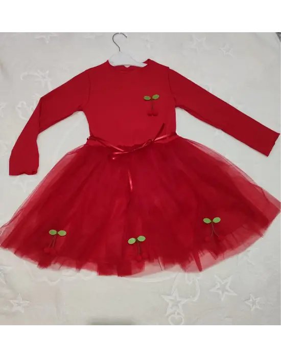 Omarı Çocuk Tütü Elbise - Kırmızı Kiraz Desenli Uzun Kollu Astarlı