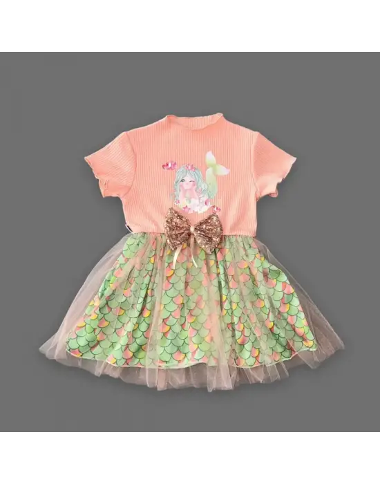Omarı Denizkızı Desenli Etekli Kız Bebek Elbisesi Pudra Renkli