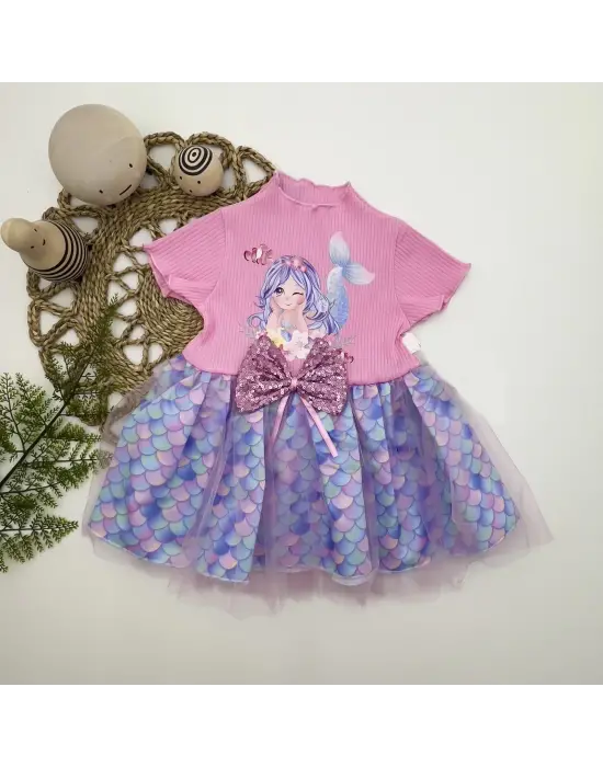 Omarı Denizkızı Desenli Pembe Bebek Elbisesi