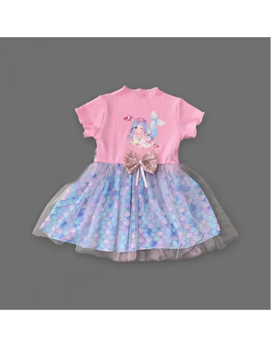 Omarı Denizkızı Desenli Pembe Bebek Elbisesi