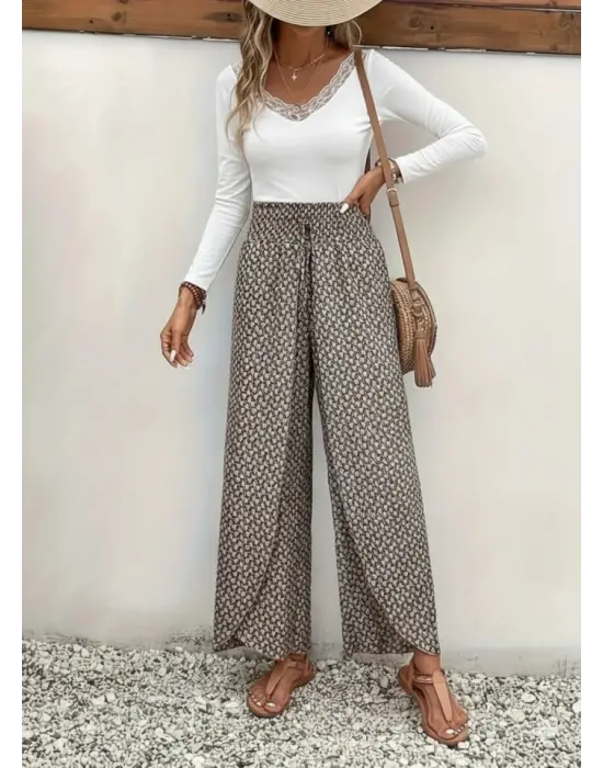 Omarı Desenli Yüksek Bel Kadın Pantolonu