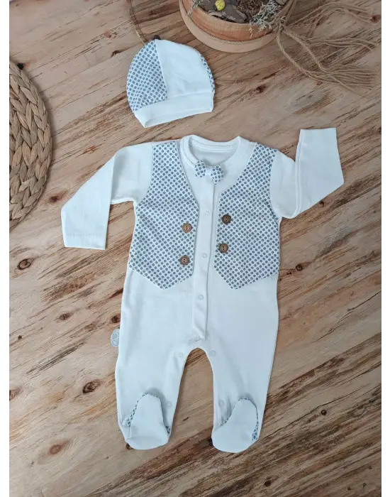 Omarı Detaylı Çıtçıtlı Ekru Erkek Bebek Tulumu