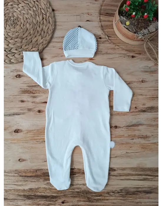 Omarı Detaylı Çıtçıtlı Ekru Erkek Bebek Tulumu
