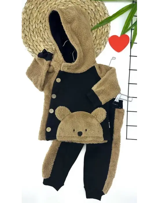 Omarı Düğme Kapamalı Kapşonlu Erkek Bebek Takımı Siyah