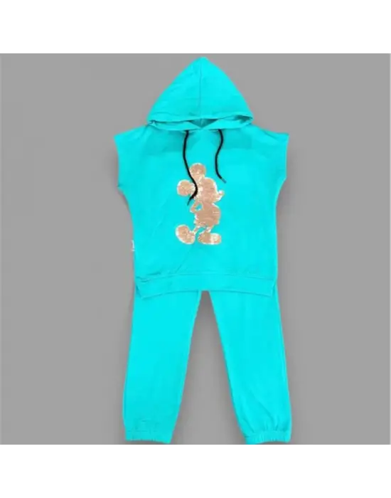 Omarı Eğlenceli Kapşonlu Mickey Desenli Çocuk Takımı Turkuaz