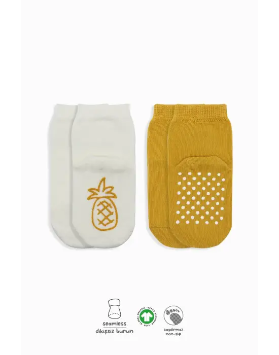 Omarı Eğlenceli Meyve Desenli Kaymaz Çorap Seti - Ekru Hardal