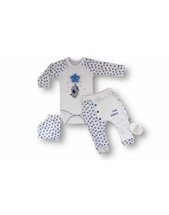 Omarı Ekru Kutup Yıldızı Nakışlı Uzun Kollu Bebek Takımı