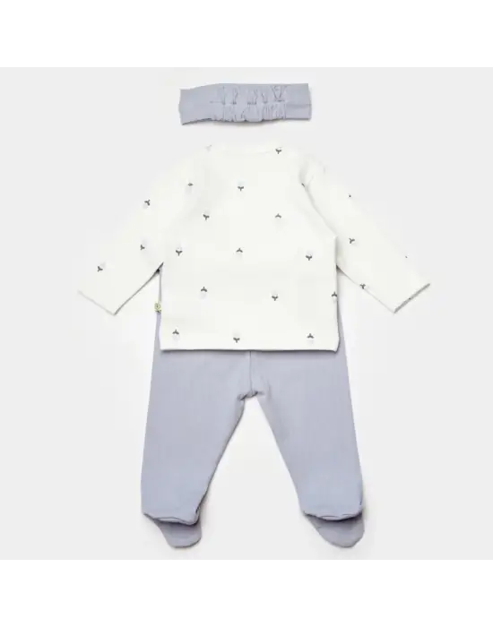 Omarı Ekru Lila Çiçek Desenli 3 Parça Zıbın Seti