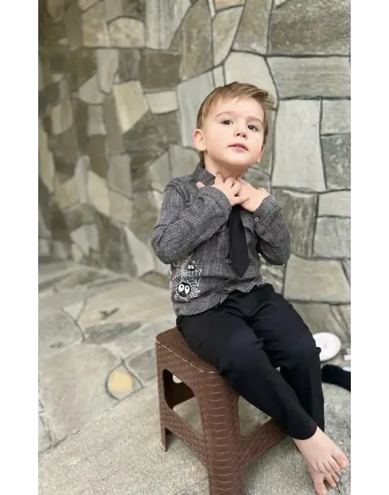 Omarı Elegan Keten Çocuk Takımı Uzun Kollu Pantolonlu Kahverengi 3lü Set