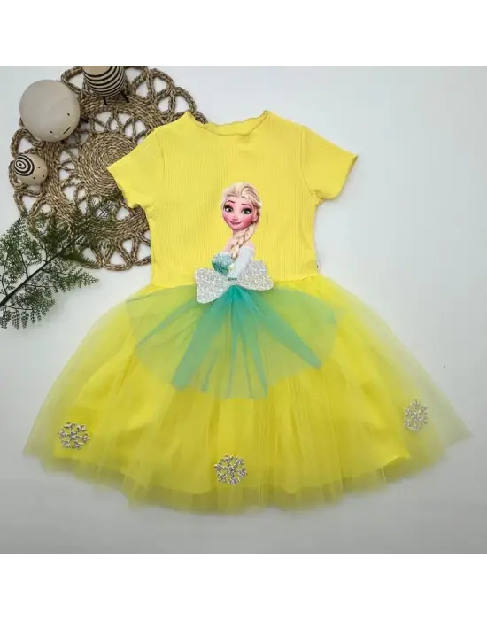 Omarı Elsa Desenli Fiyonklu Kız Çocuk Tütü Elbise Sarı