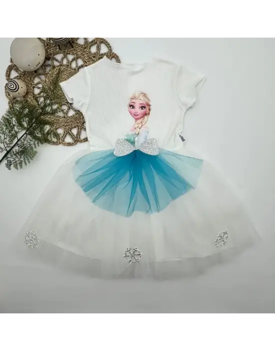 Omarı Elsa Desenli Fiyonklu Tül Etekli Kız Çocuk Tütü Elbise