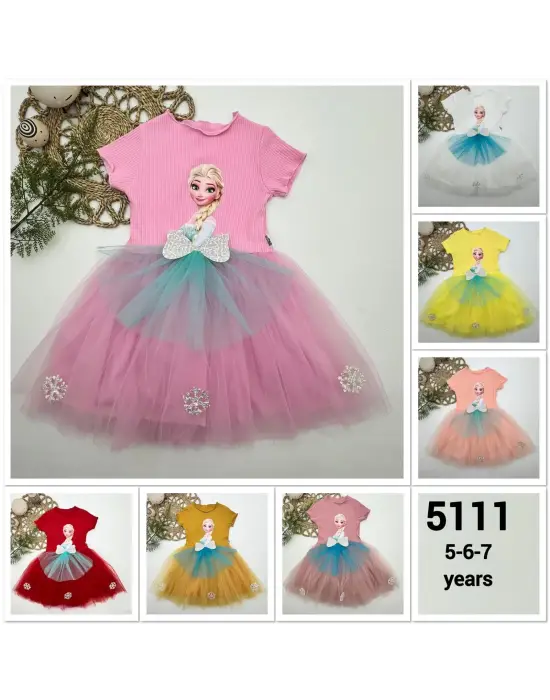 Omarı Elsa Desenli Fiyonklu Tül Etekli Kız Çocuk Tütü Elbise