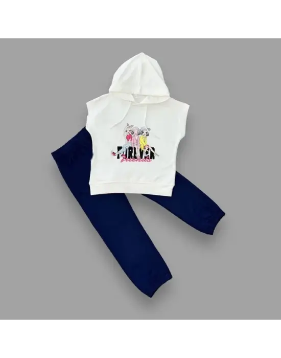 Omarı Enerjik Kız Çocukları İçin Lacivert Kapşonlu 2li Takım