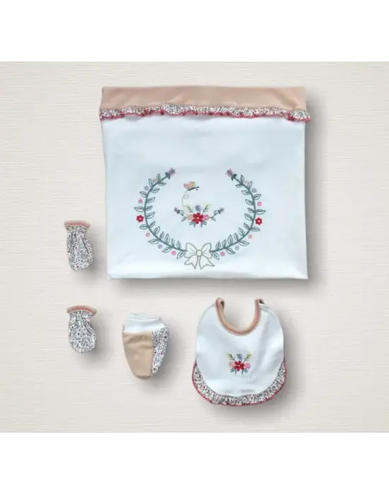 Omarı Erguvan Nakışlı Kız Bebek 10lu Zıbın Takımı - Nar Çiçeği