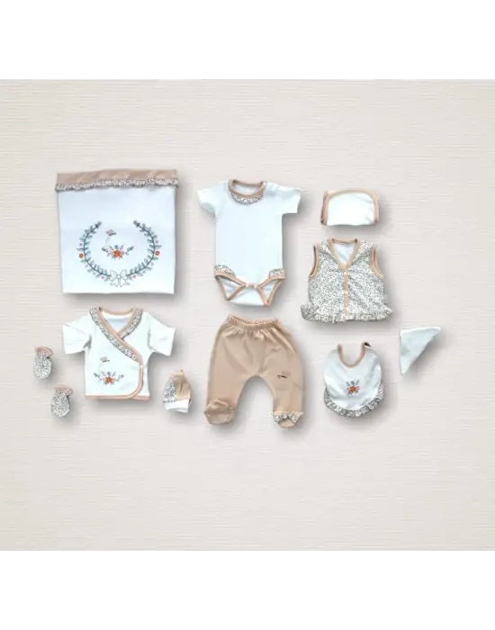 Omarı Erguvan Taç Nakışlı Kız Bebek Zıbın Takımı - Turuncu