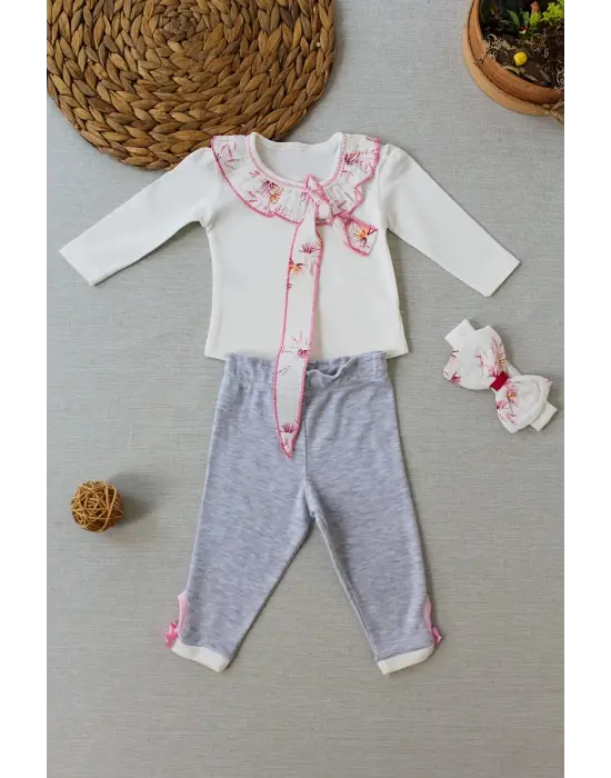 Omarı Fırfır Detaylı Bandanalı Kız Bebek Sweat Takımı 3lü Ekru