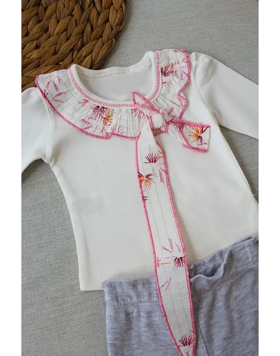 Omarı Fırfır Detaylı Bandanalı Kız Bebek Sweat Takımı 3lü Ekru