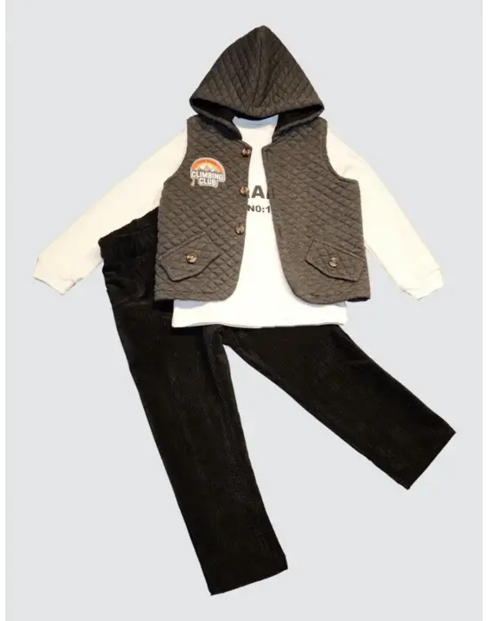 Omarı Fitilli Kadife Pantolonlu Kapşonlu Çocuk Takımı Füme