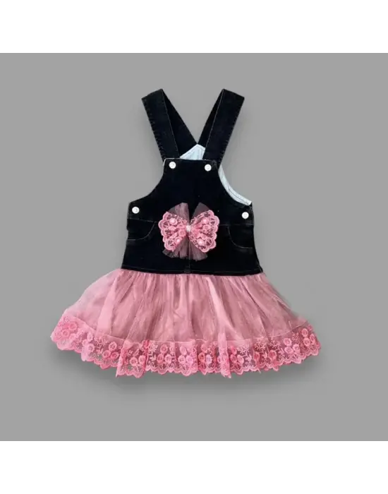 Omarı Fiyonk Detaylı Tül Etek Salopet Kız Çocuk Elbisesi