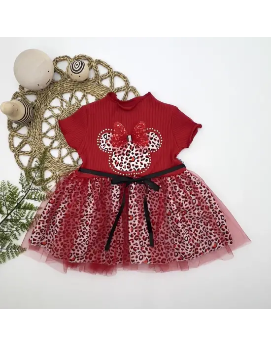 Omarı Fiyonklu Mickey Astarlı Kız Bebek Tütü Elbisesi - Kırmızı