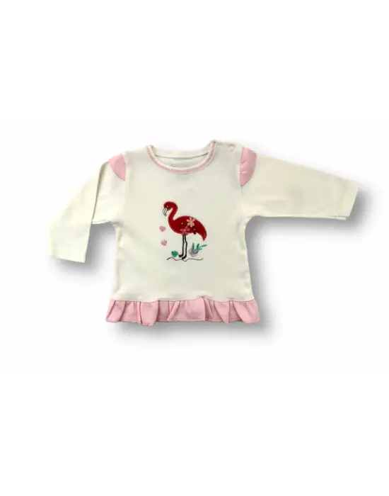 Omarı Flamingo Nakışlı Kız Bebek Takımı Ekru