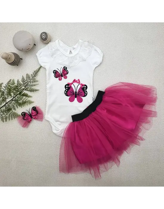 Omarı Fuşya Kelebek Nakışlı Taçlı Kısa Kollu Tütü Etek 3lü Kız Bebek Takımı