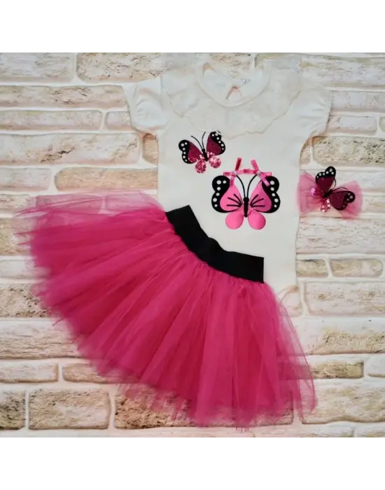 Omarı Fuşya Kelebek Nakışlı Taçlı Kısa Kollu Tütü Etek 3lü Kız Bebek Takımı
