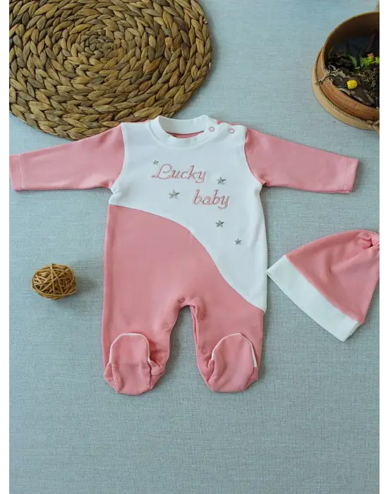 Omarı Göz Alıcı Nakış Desenli Bebek Tulumu Pudra Renkli