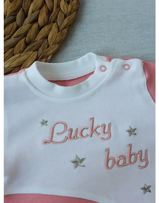 Omarı Göz Alıcı Nakış Desenli Bebek Tulumu Pudra Renkli