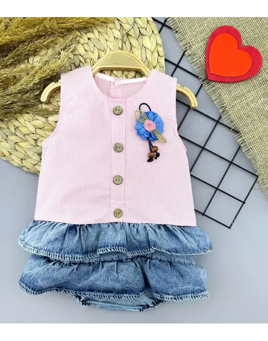 Omarı Gül Rozet Detaylı Kot Kilotlu Etek Kız Bebek Elbisesi Pembe