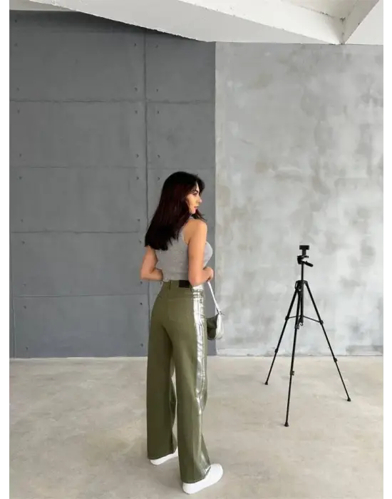Omarı Haki Renk Gabardin Palazzo Pantolon