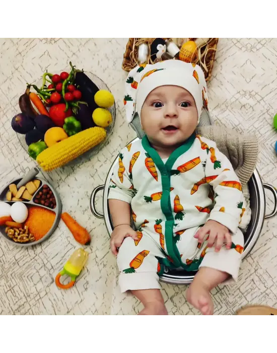 Omarı Havuç Baskılı Bebek Tulumu - Kız Erkek Uzun Kollu