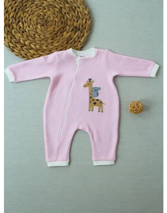 Omarı Hayvan Nakışlı Fermuarlı Bal Peteği Kız Bebek Tulumu Pembe