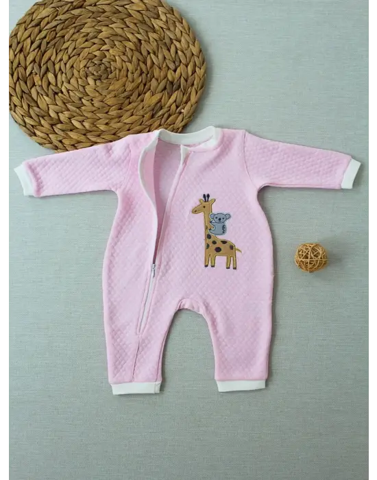 Omarı Hayvan Nakışlı Fermuarlı Bal Peteği Kız Bebek Tulumu Pembe