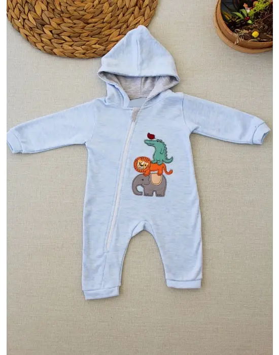 Omarı Hayvanlar Alemi Nakışlı Kapşonlu Bebek Tulumu Mavi