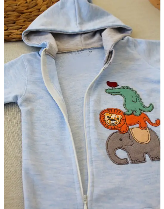 Omarı Hayvanlar Alemi Nakışlı Kapşonlu Bebek Tulumu Mavi