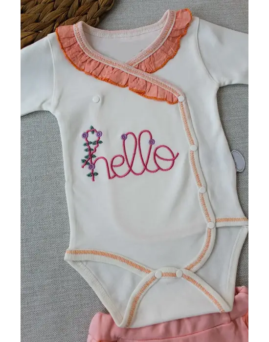 Omarı Hello Nakışlı Kruvaze Bandanalı Bebek Takımı