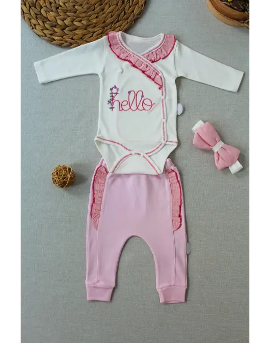 Omarı Hello Nakışlı Kruvaze Bandanalı Kız Bebek Takımı Pembe