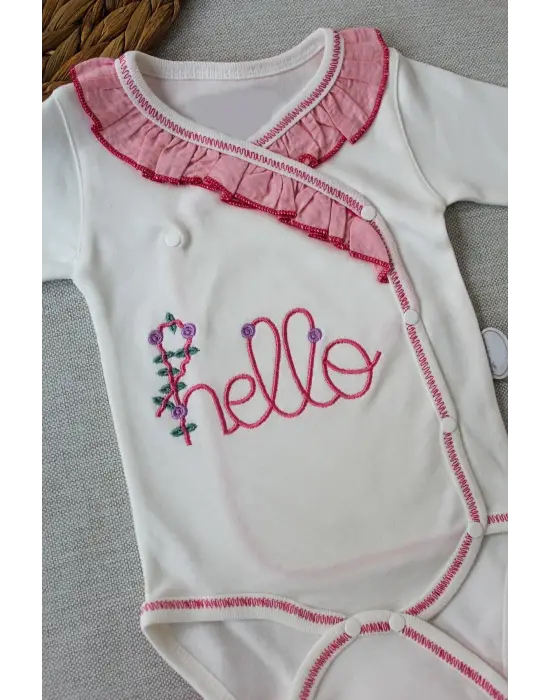 Omarı Hello Nakışlı Kruvaze Bandanalı Kız Bebek Takımı Pembe