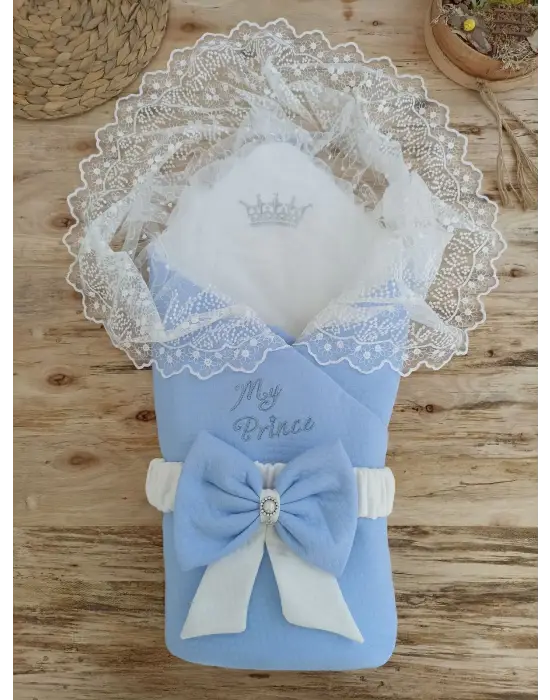 Omarı İnci Fiyonklu Bal Peteği Dantelli Mavi Kundak Battaniye