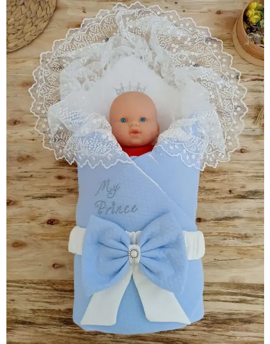 Omarı İnci Fiyonklu Bal Peteği Dantelli Mavi Kundak Battaniye