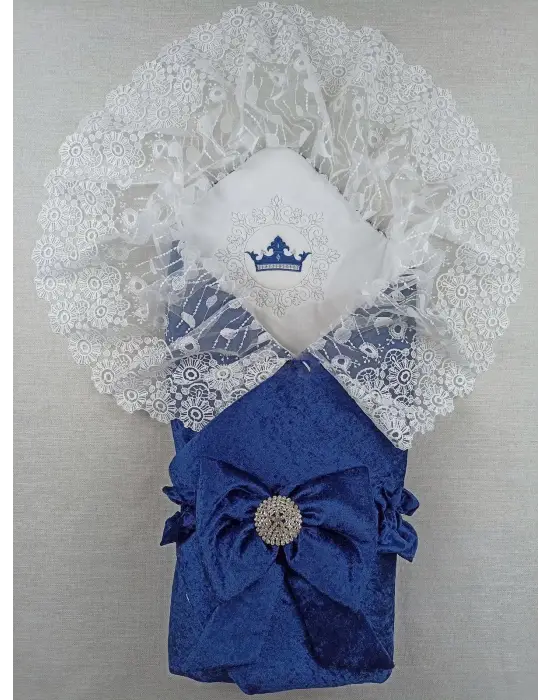 Omarı İnci Fiyonklu Duvaklı Saray Kadife Yenidoğan Bebek Battaniyesi