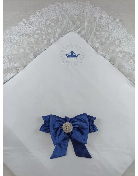 Omarı İnci Fiyonklu Duvaklı Saray Kadife Yenidoğan Bebek Battaniyesi