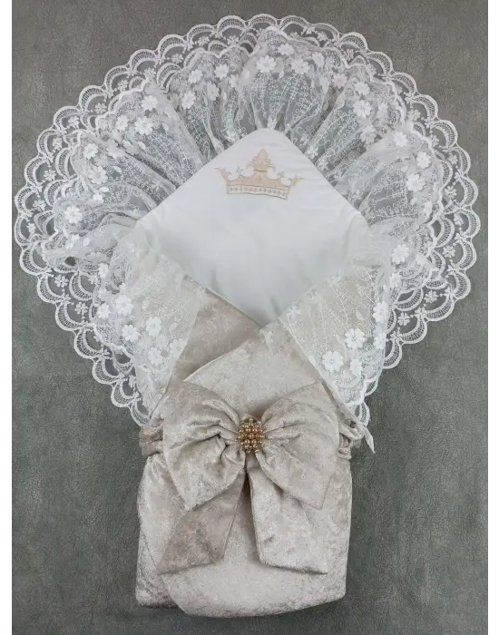 Omarı İnci Fiyonklu Yenidoğan Dantel Bebek Battaniyesi - Vizon-Ekru