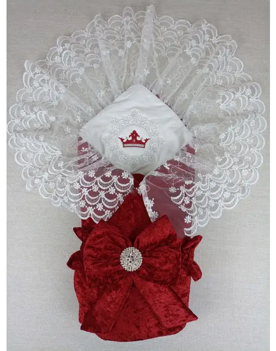 Omarı İnci Fiyonklu Yenidoğan Dantel Duvaklı Bebek Battaniye - Bordo