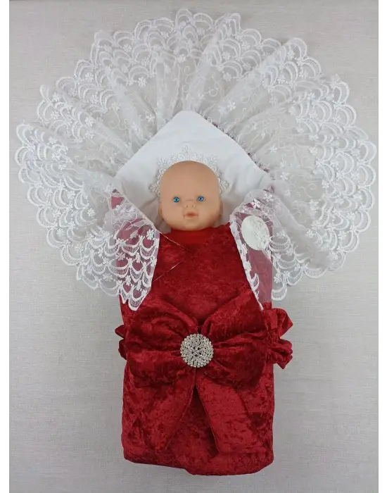 Omarı İnci Fiyonklu Yenidoğan Dantel Duvaklı Bebek Battaniye - Bordo