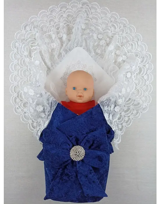 Omarı İnci Fiyonklu Yenidoğan Kadife Taçlı Dantelli Bebek Battaniyesi